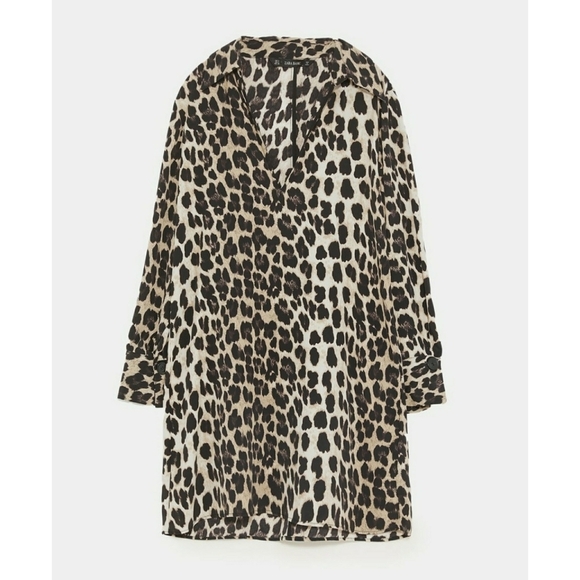 ZARA // plunge leopard satin shirt mini dress - Picture 2 of 4